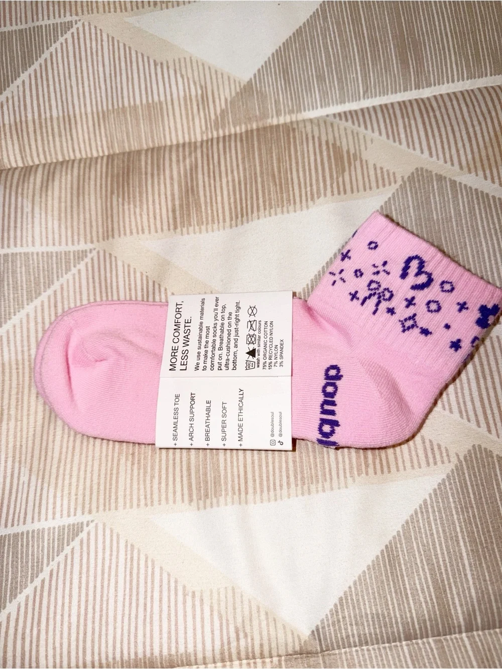 DOUBLESOUL Pink Quarter Socks with Purple Flower & Heart Pattern NWT